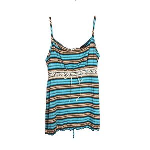 Cato Y2K Tank Top Size L Stripe Lace Strappy Turquoise Cream Brown